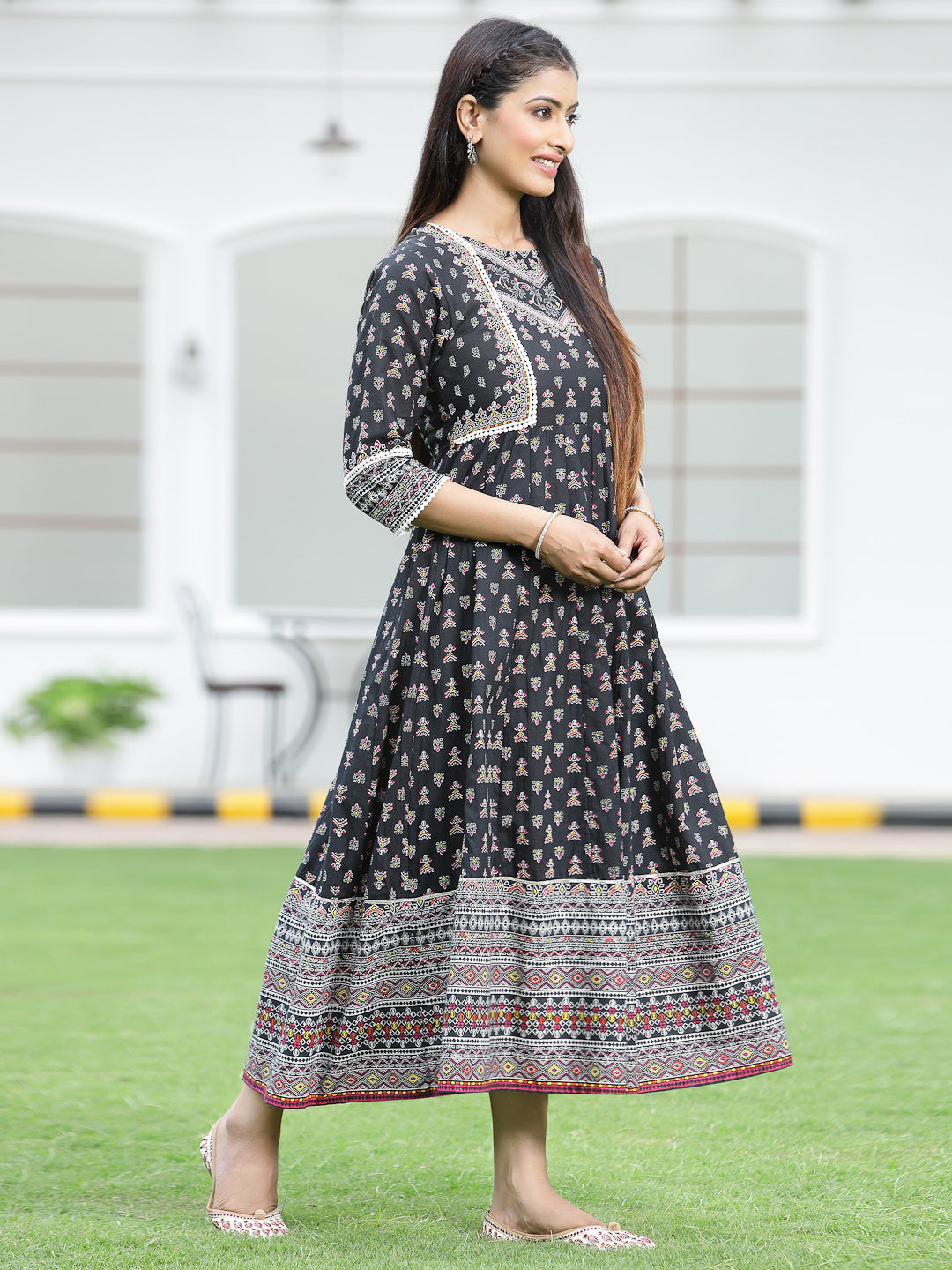 Black Cambric Printed Anarkali Dress