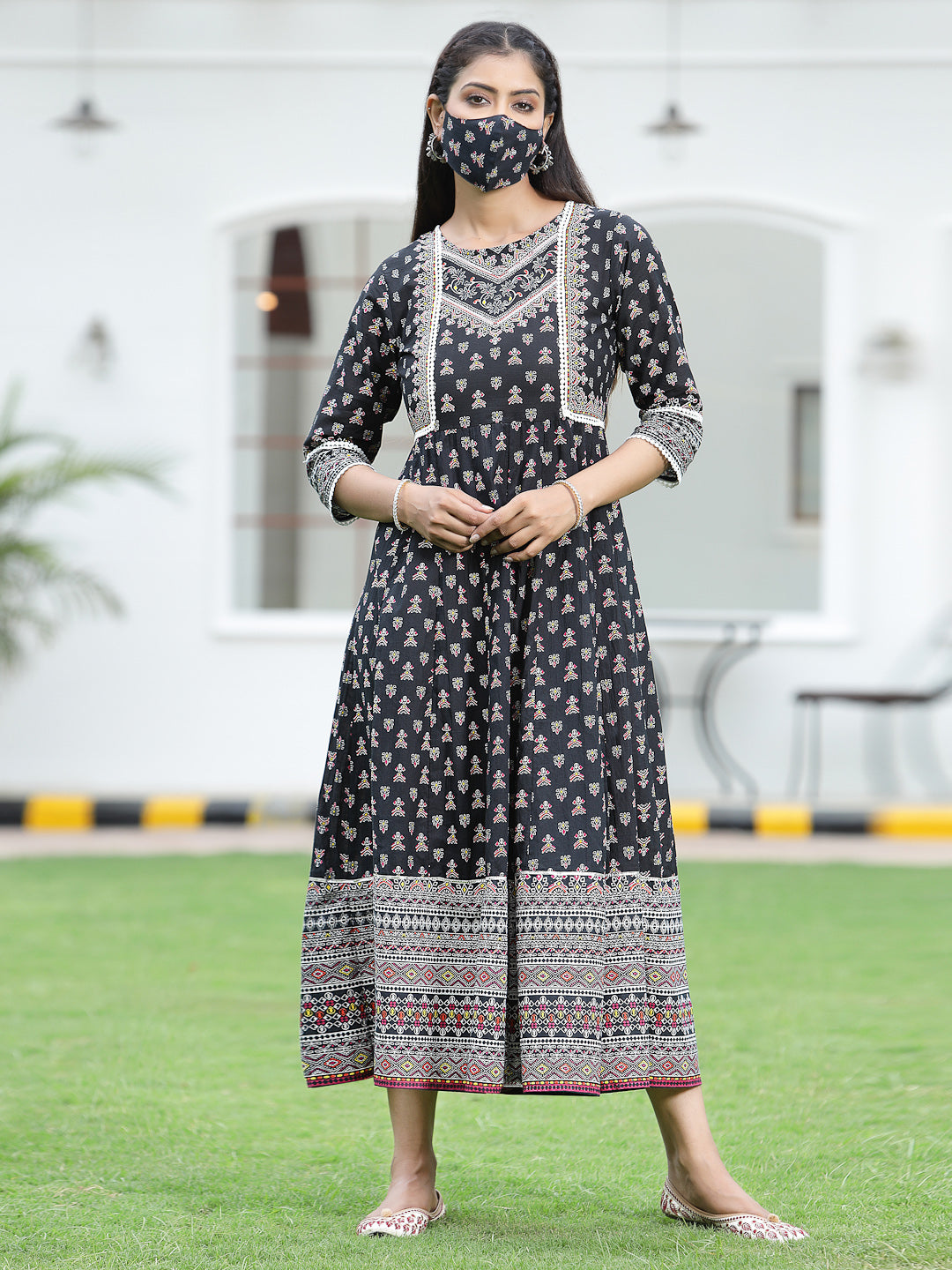 Black Cambric Printed Anarkali Dress