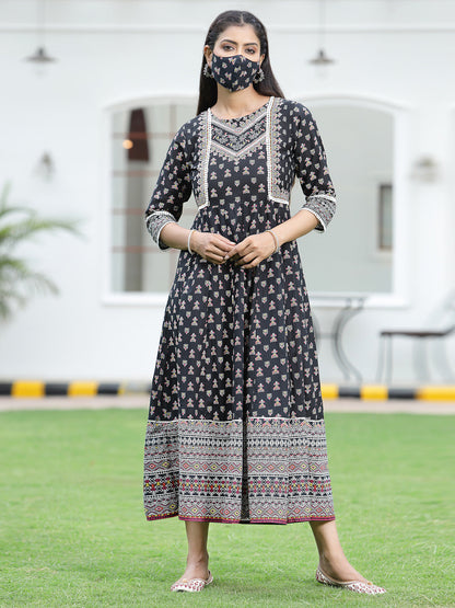 Black Cambric Printed Anarkali Dress