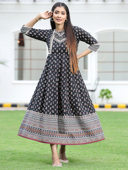 Black Cambric Printed Anarkali Dress