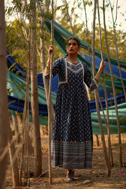 Indigo Cambric Printed Anarkali Dress