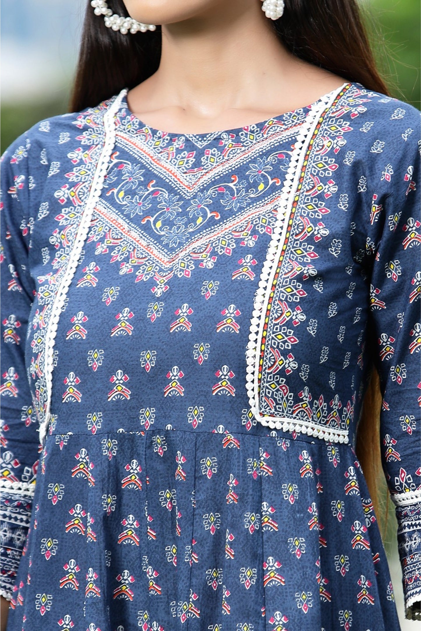 Indigo Cambric Printed Anarkali Dress