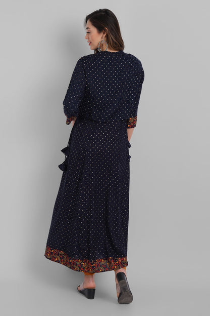 Navy Rayon Printed Flared Dress