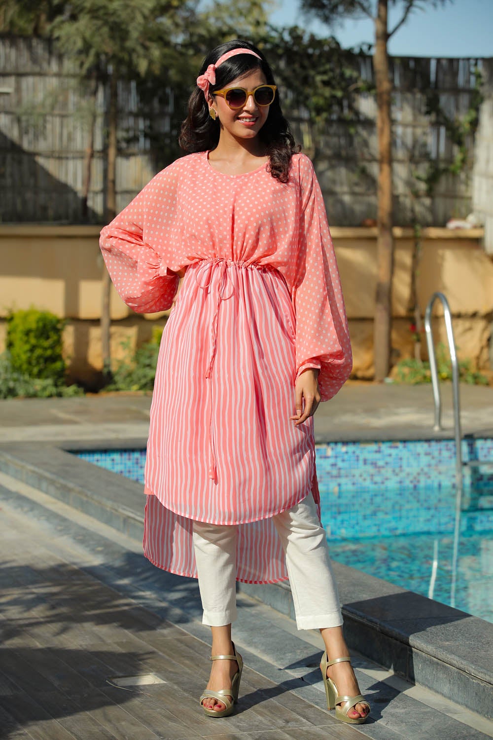 Peach Georgette Bandhani High-Low Tunic