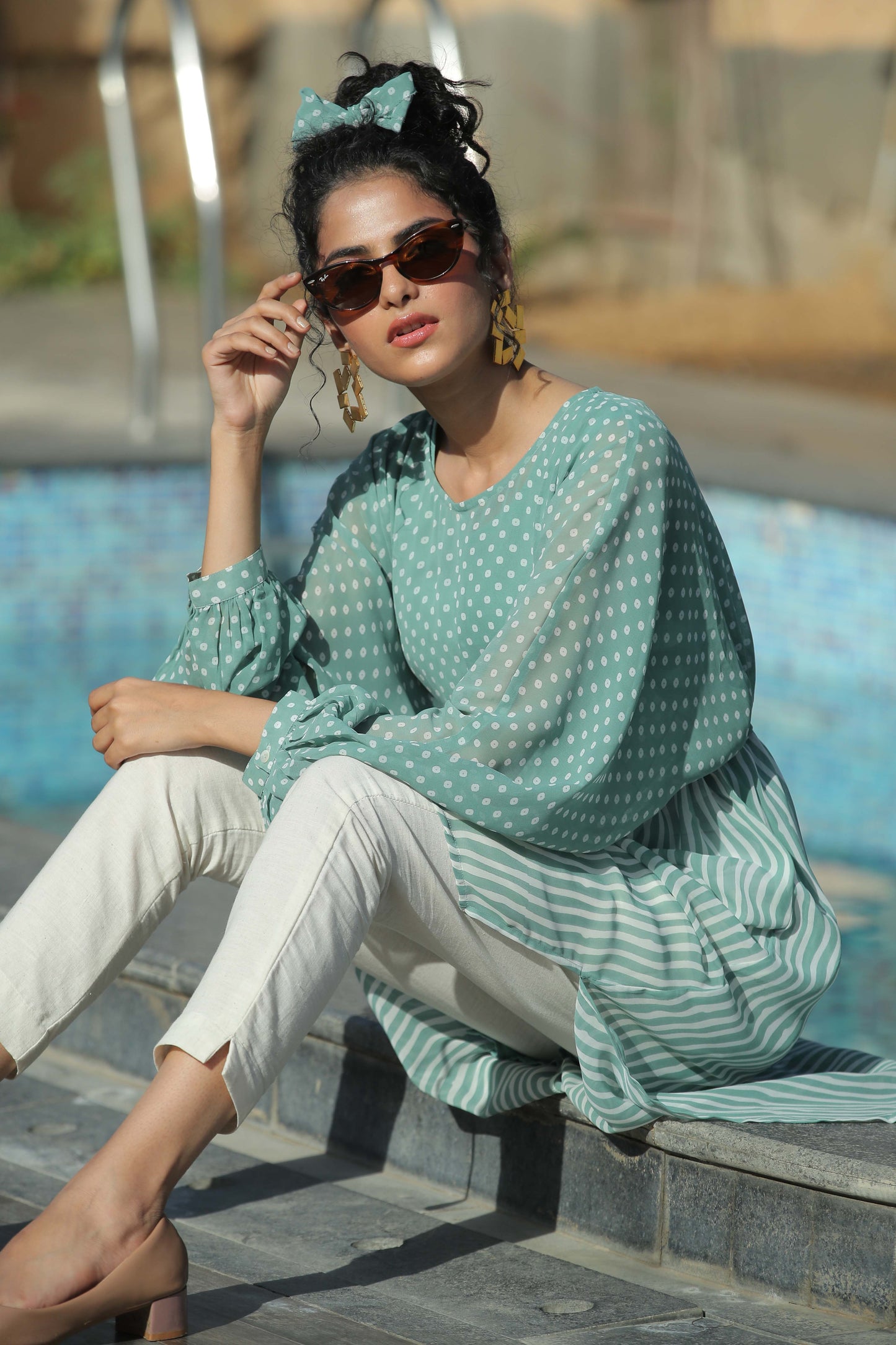Sagegreen Georgette Bandhani High-Low Tunic