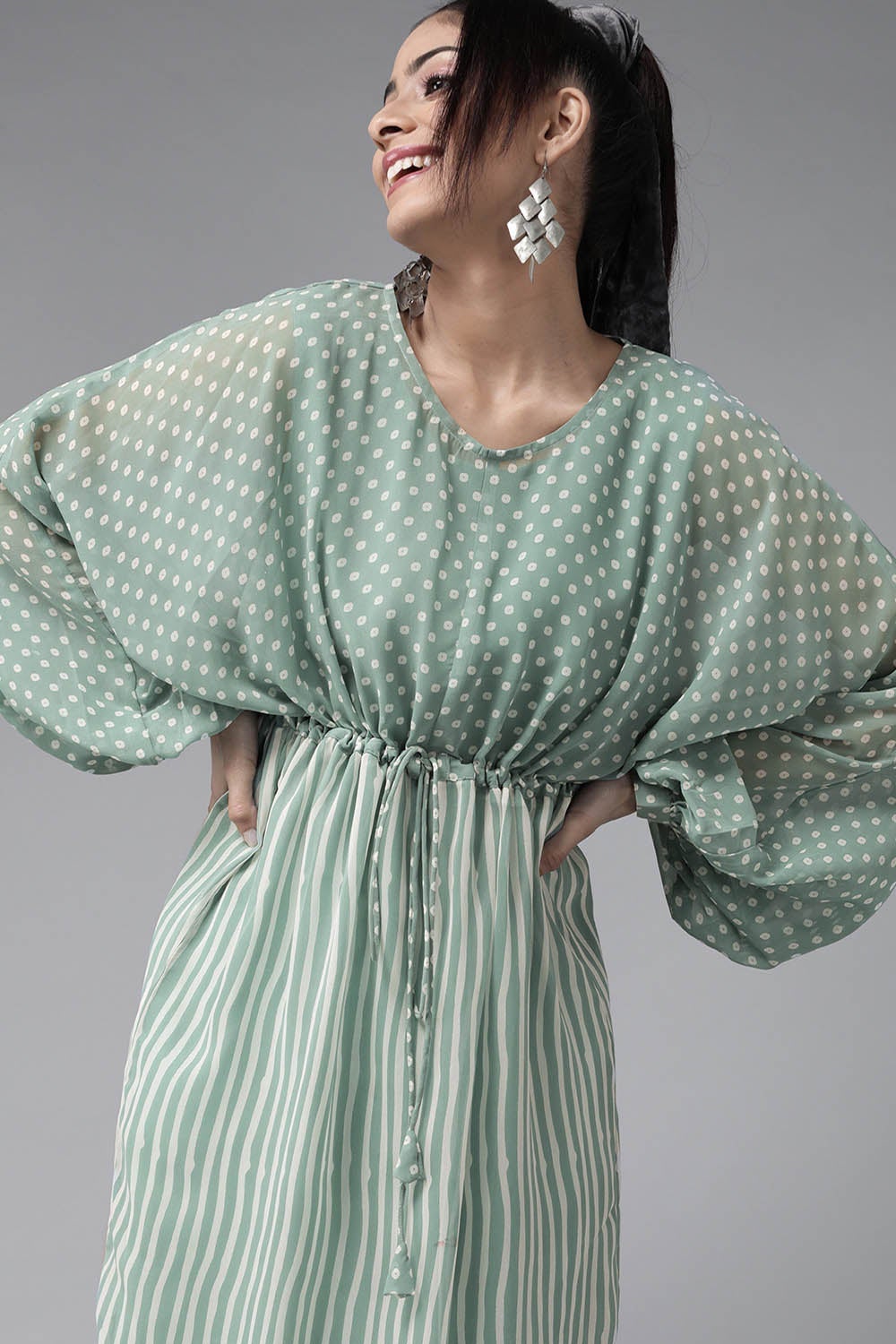 Sagegreen Georgette Bandhani High-Low Tunic