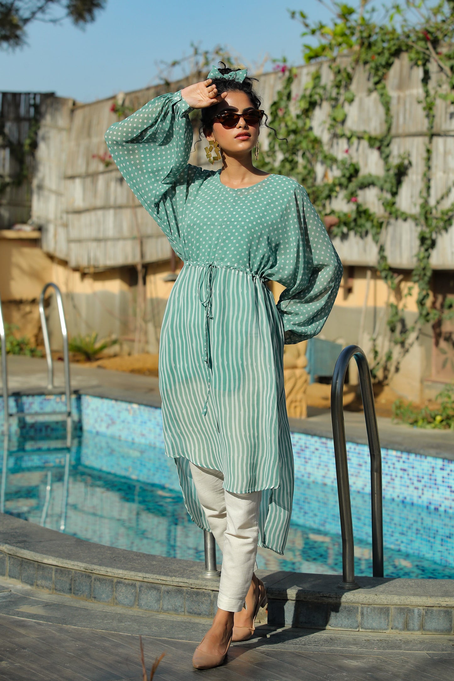 Sagegreen Georgette Bandhani High-Low Tunic