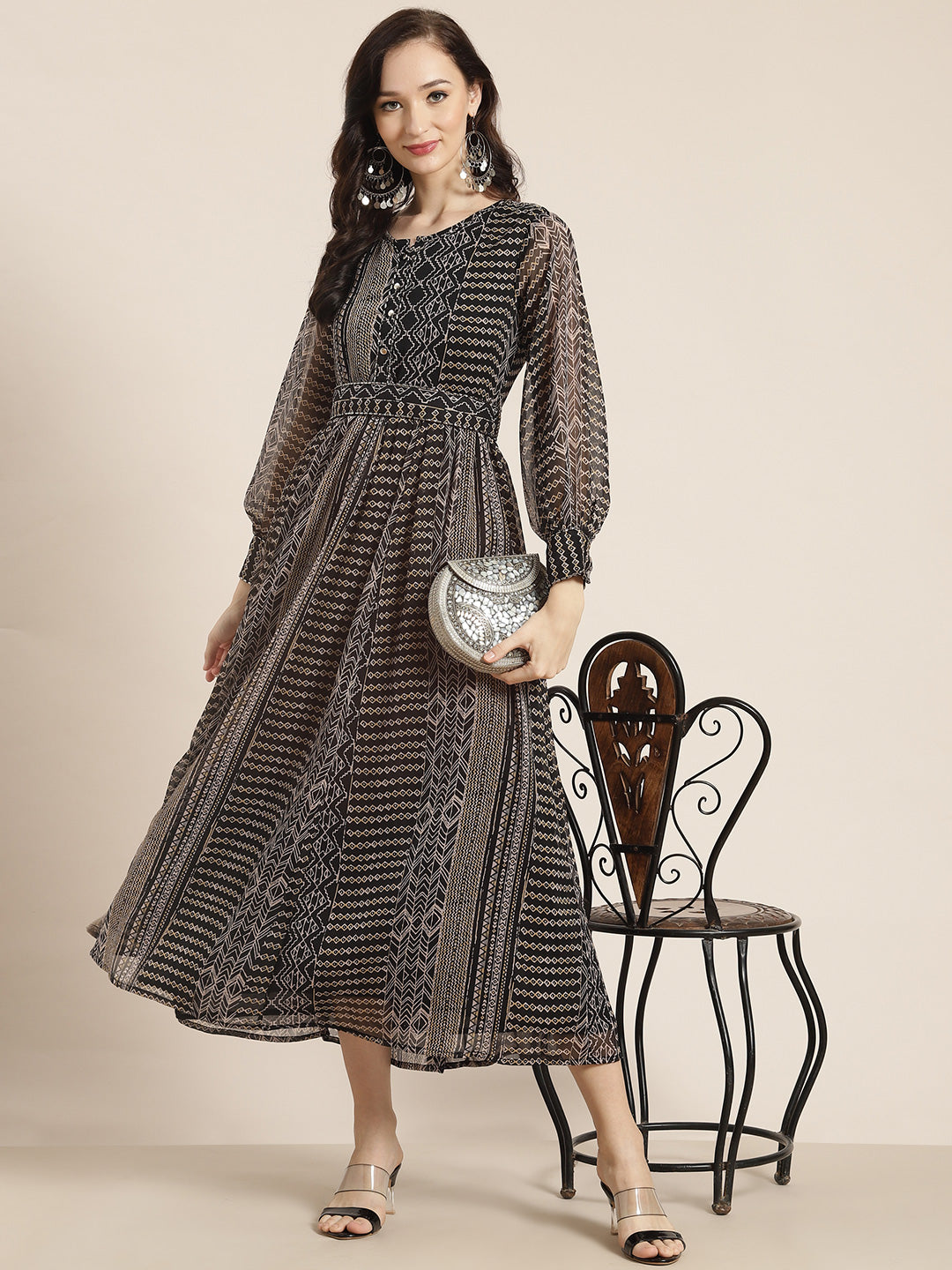 Black Chiffon Printed Flared Dress