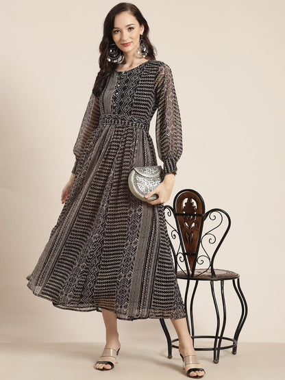 Black Chiffon Printed Flared Dress