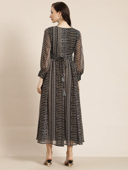 Black Chiffon Printed Flared Dress
