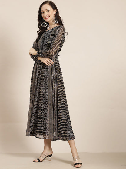 Black Chiffon Printed Flared Dress