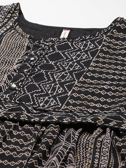 Black Chiffon Printed Flared Dress