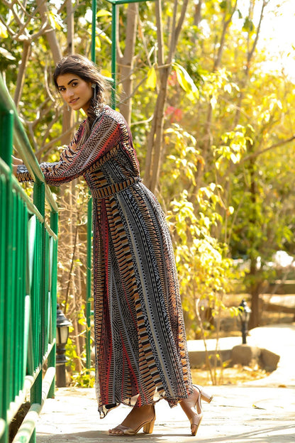 Black Chiffon Printed Flared Dress