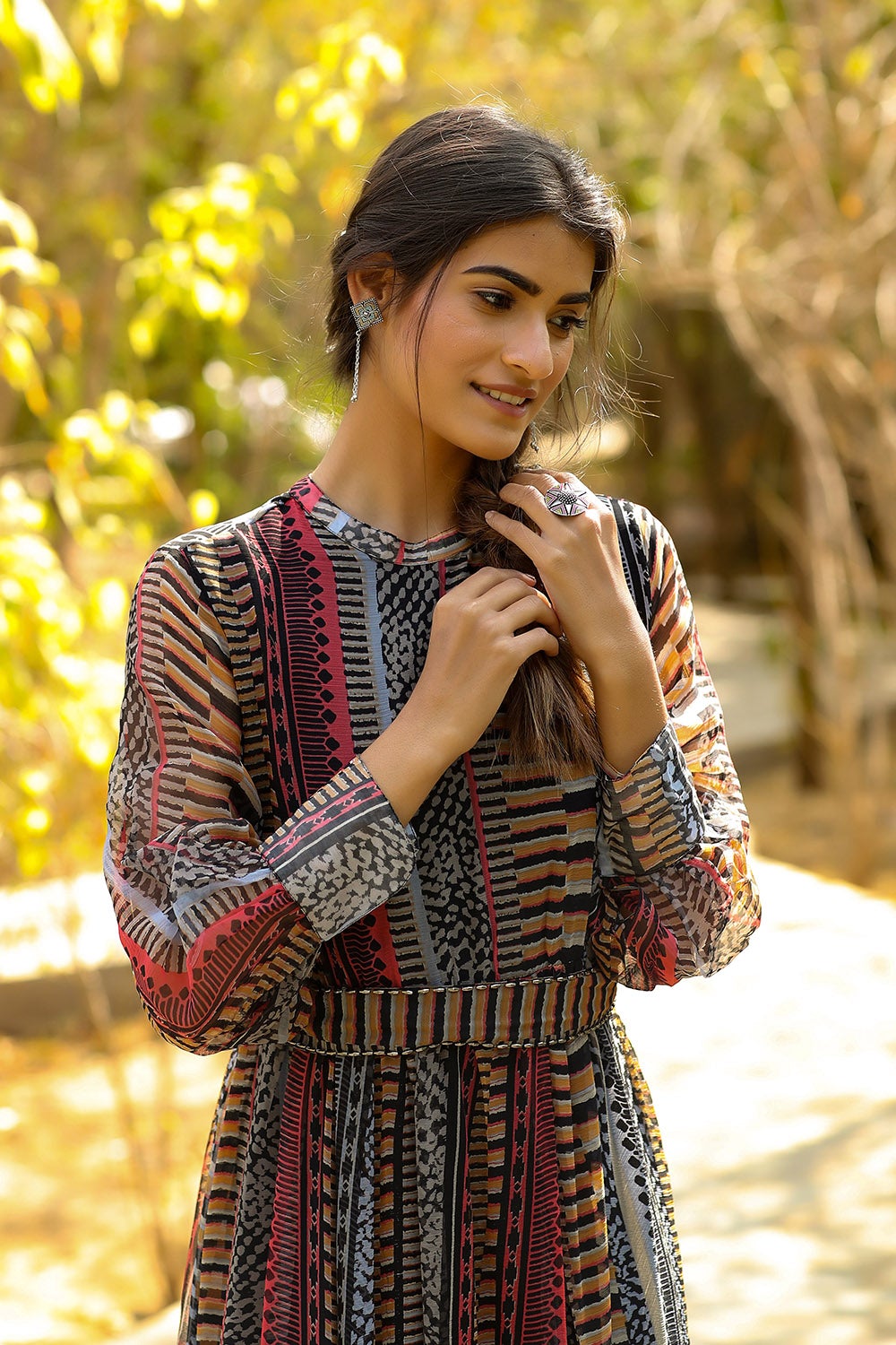 Black Chiffon Printed Flared Dress