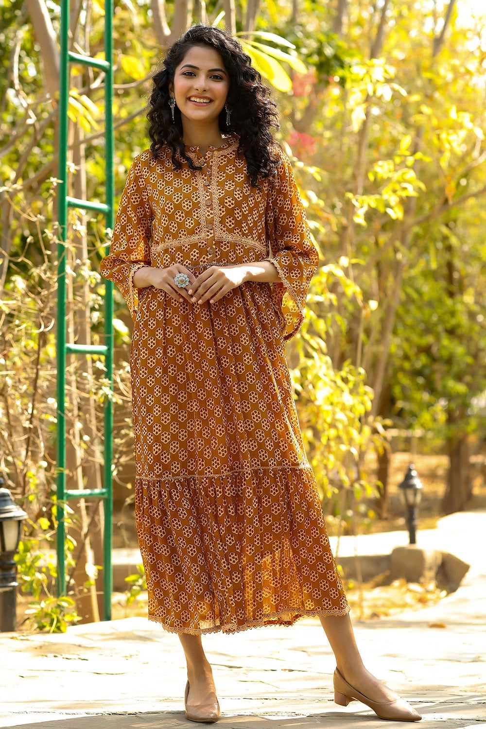 Brown Georgette Printed Flared Dress