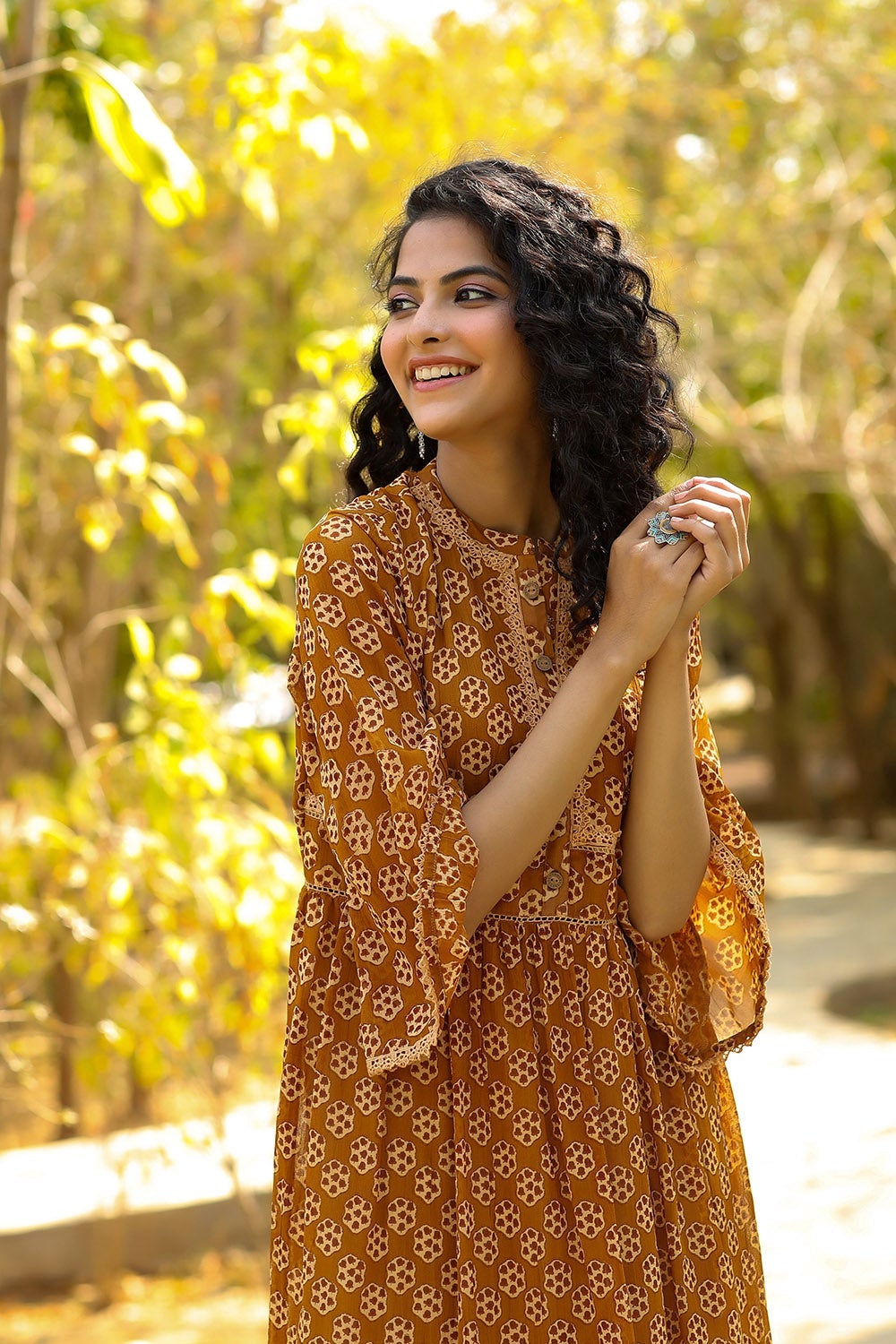 Brown Georgette Printed Flared Dress