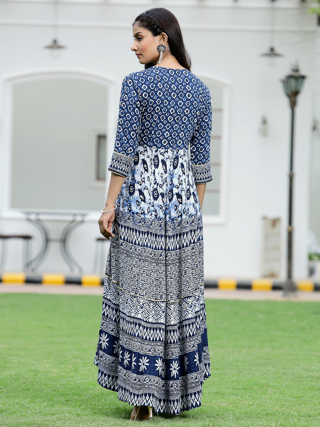 Blue Rayon Printed Flared Dress