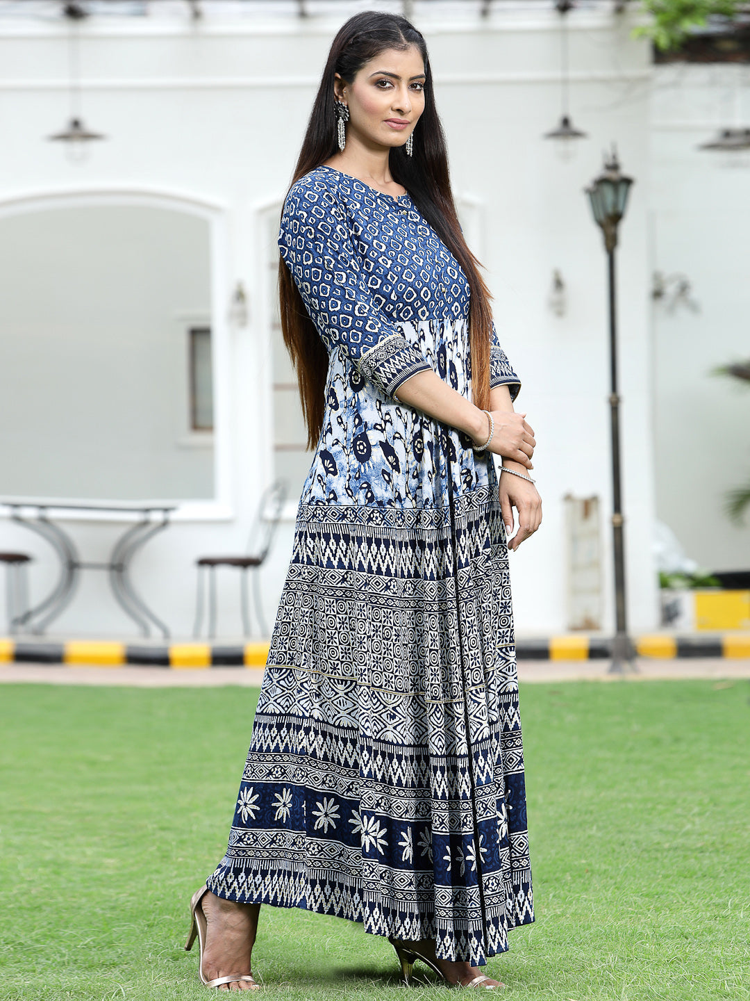 Blue Rayon Printed Flared Dress