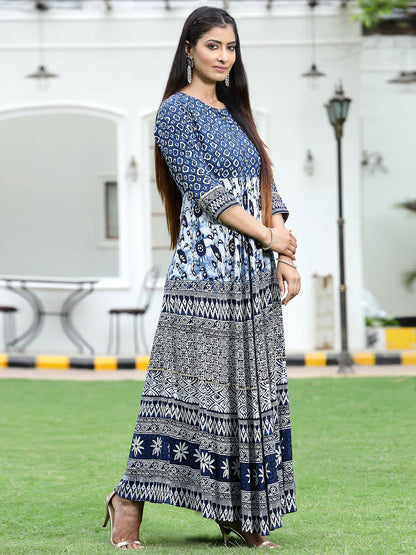 Blue Rayon Printed Flared Dress