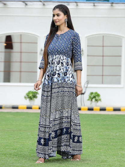 Blue Rayon Printed Flared Dress