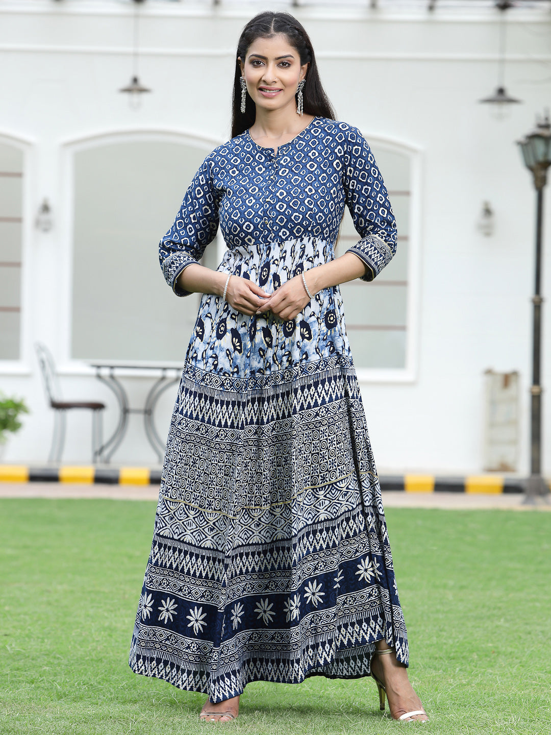 Blue Rayon Printed Flared Dress