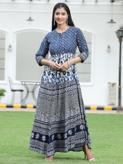 Blue Rayon Printed Flared Dress