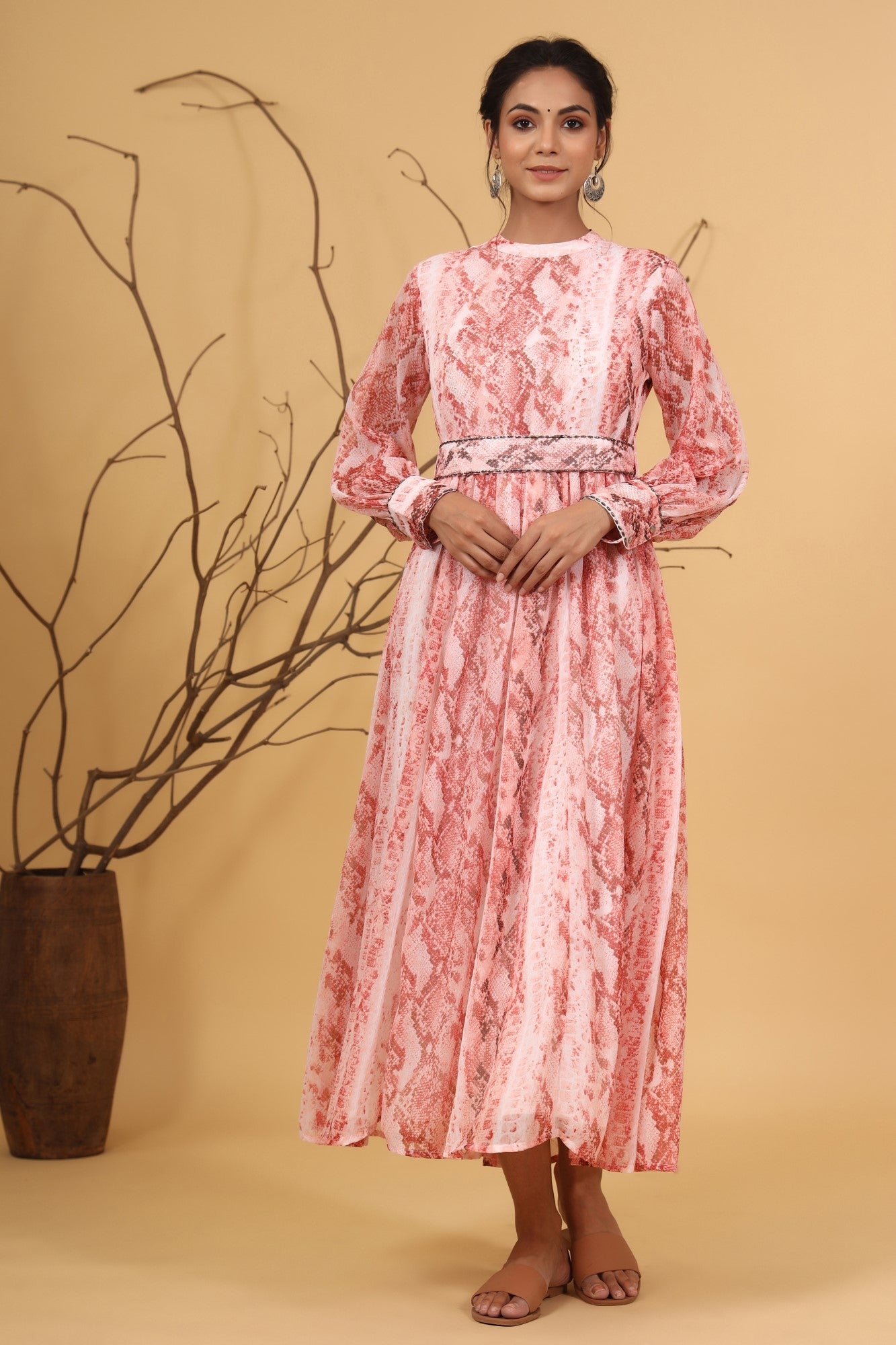 Peach Chiffon Printed Flared Dress