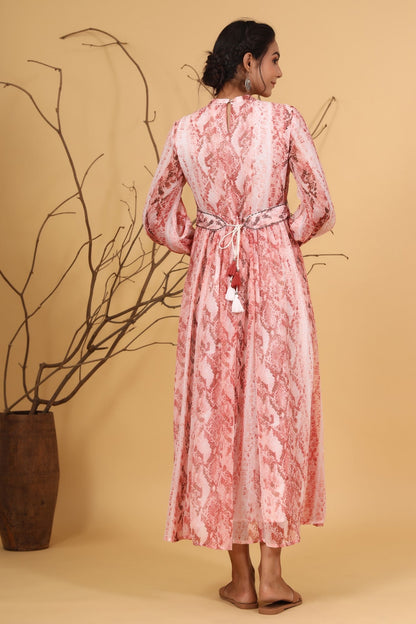 Peach Chiffon Printed Flared Dress