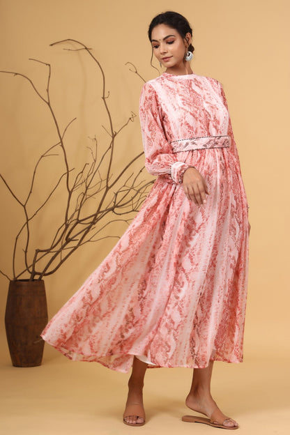 Peach Chiffon Printed Flared Dress