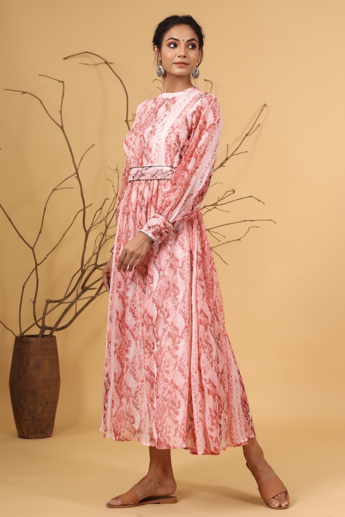 Peach Chiffon Printed Flared Dress