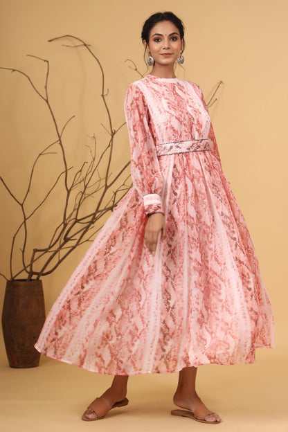 Peach Chiffon Printed Flared Dress