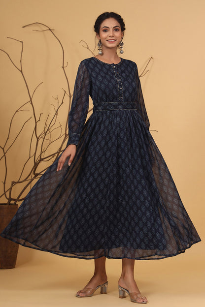 Navy Chiffon Printed Flared Dress
