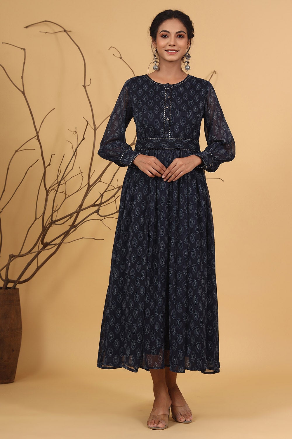 Navy Chiffon Printed Flared Dress