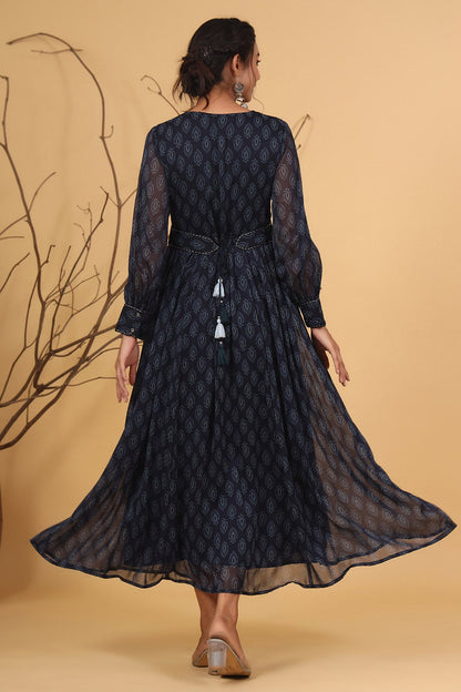 Navy Chiffon Printed Flared Dress