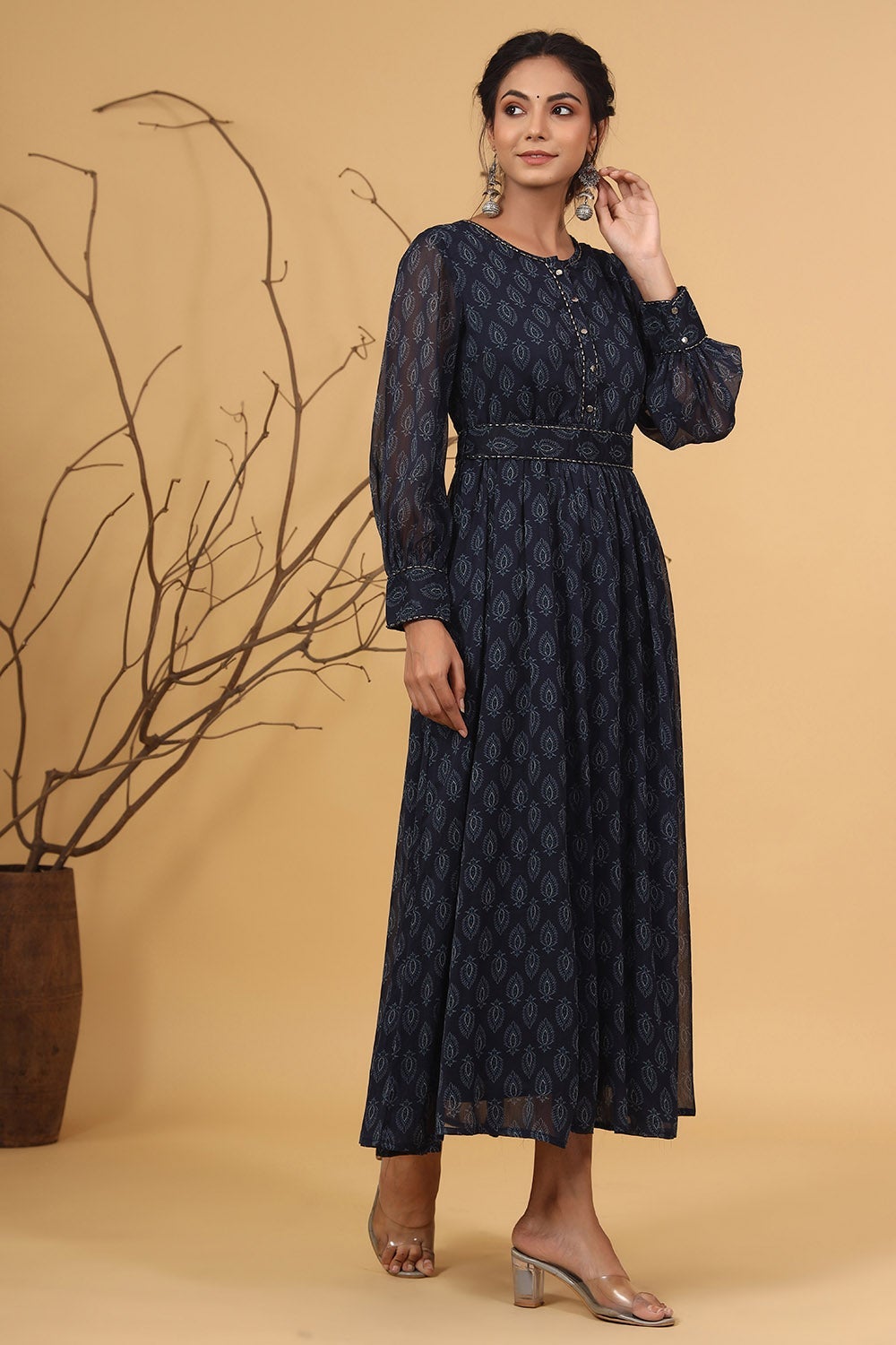 Navy Chiffon Printed Flared Dress