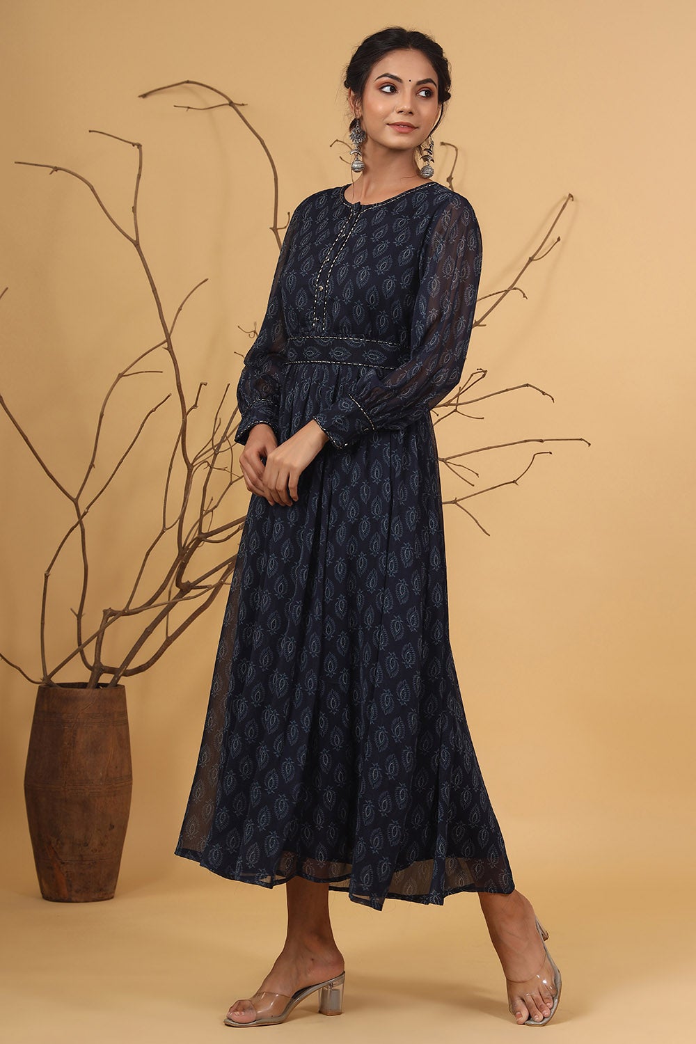 Navy Chiffon Printed Flared Dress