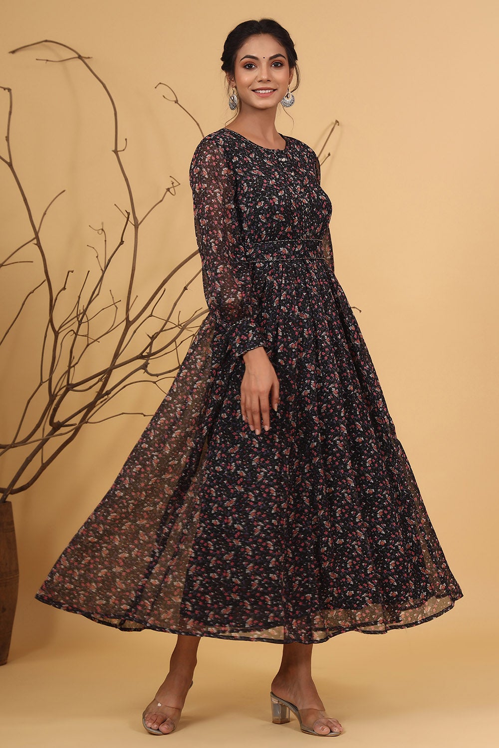 Navy Chiffon Printed Flared Dress