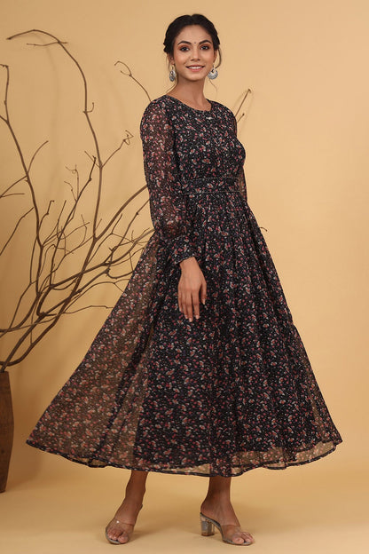 Navy Chiffon Printed Flared Dress