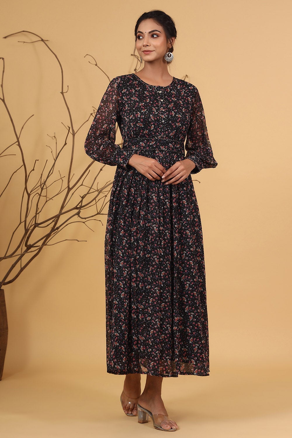 Navy Chiffon Printed Flared Dress
