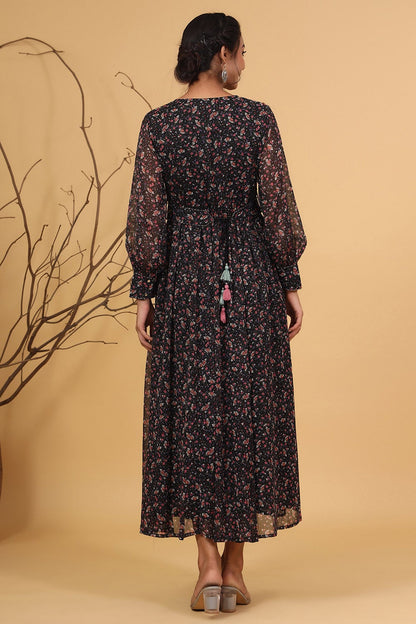 Navy Chiffon Printed Flared Dress
