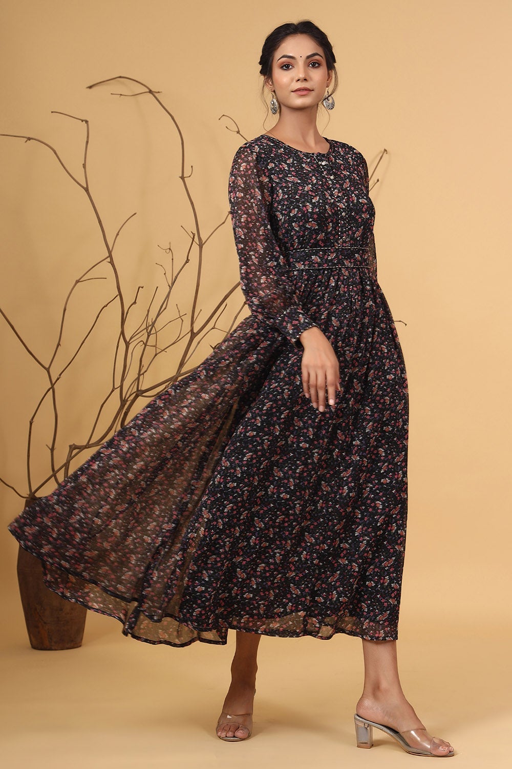 Navy Chiffon Printed Flared Dress