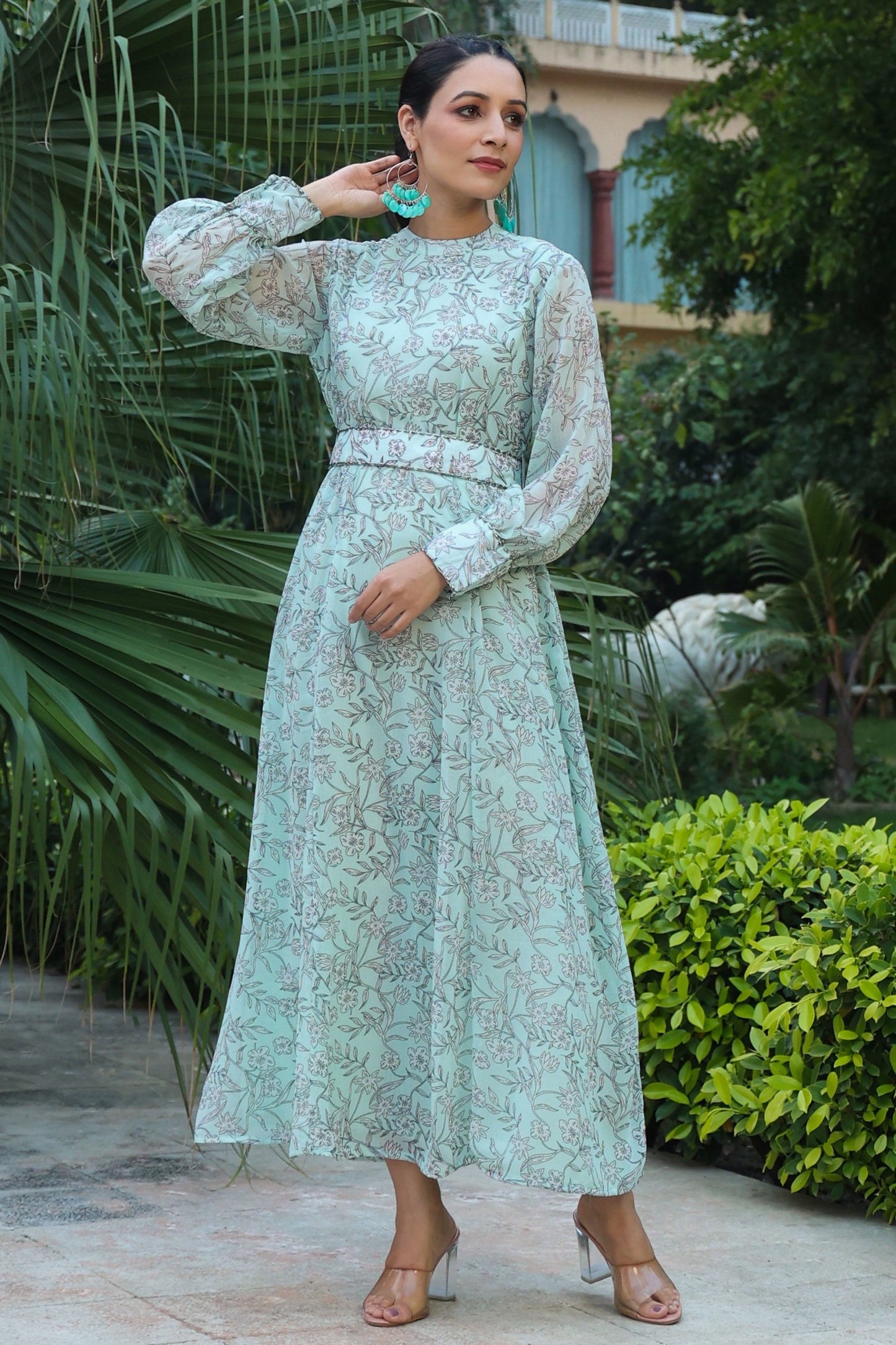 Sagegreen Chiffon Printed Flared Dress
