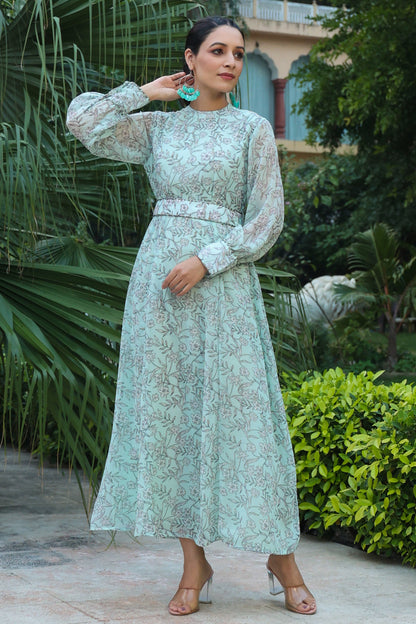 Sagegreen Chiffon Printed Flared Dress
