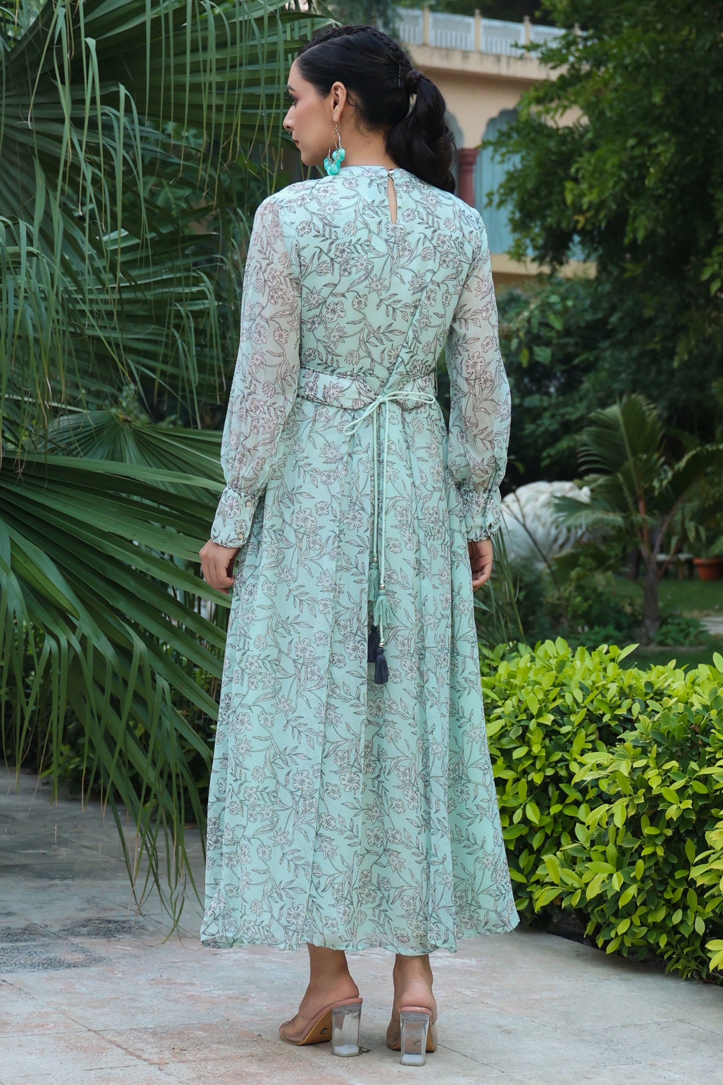 Sagegreen Chiffon Printed Flared Dress