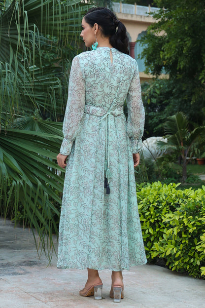 Sagegreen Chiffon Printed Flared Dress