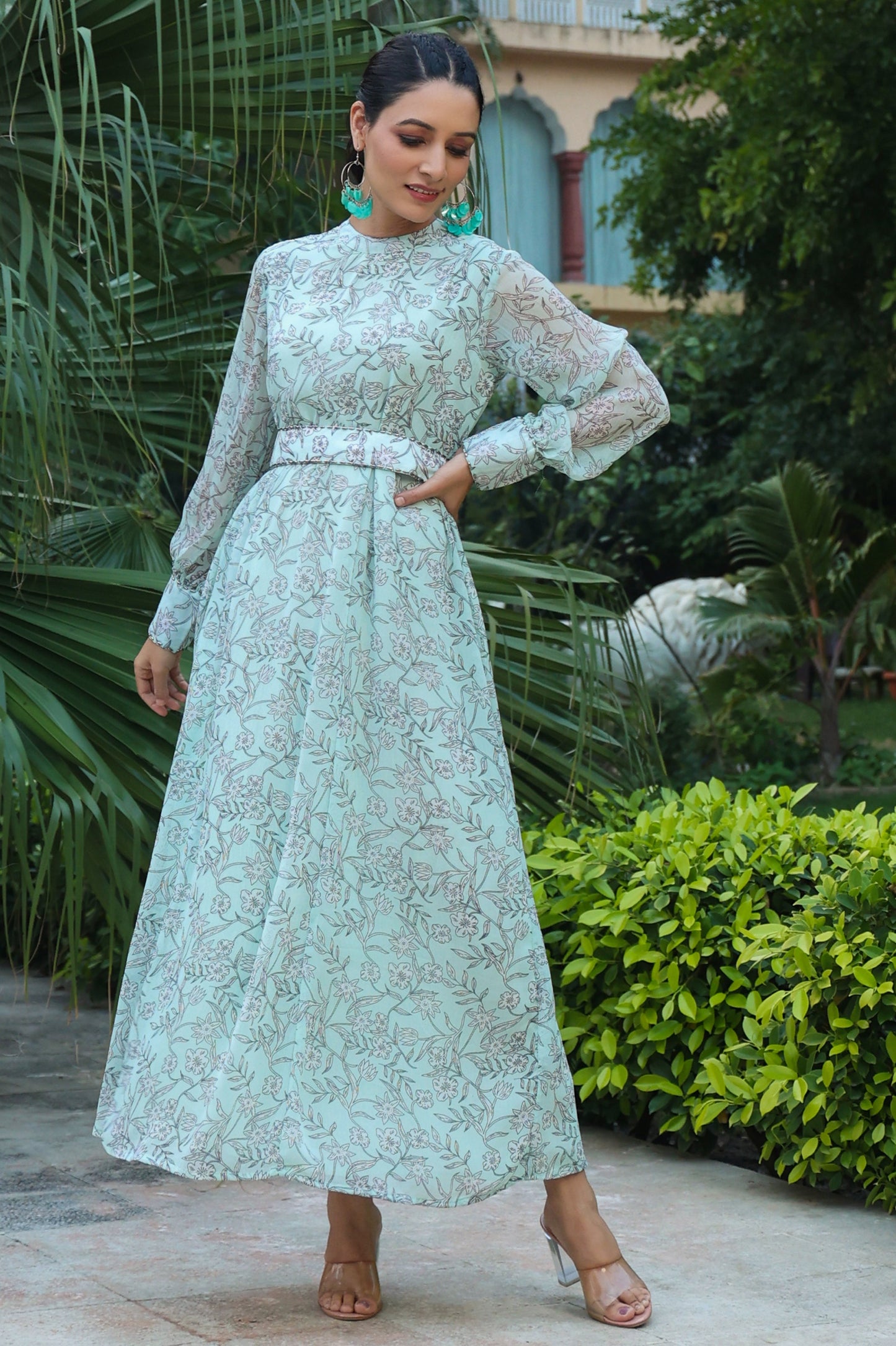 Sagegreen Chiffon Printed Flared Dress