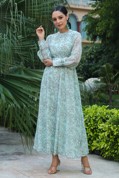 Sagegreen Chiffon Printed Flared Dress