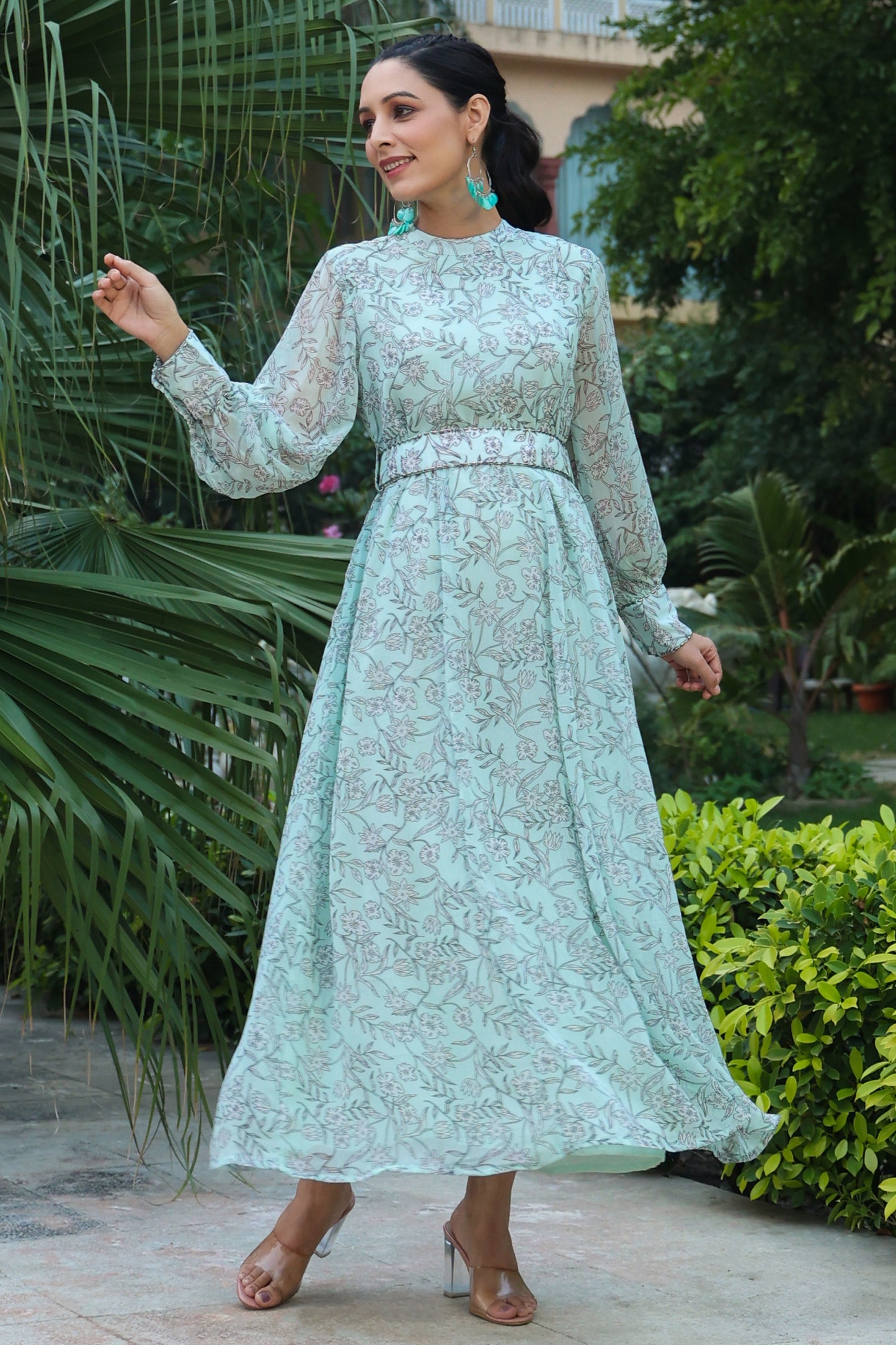 Sagegreen Chiffon Printed Flared Dress