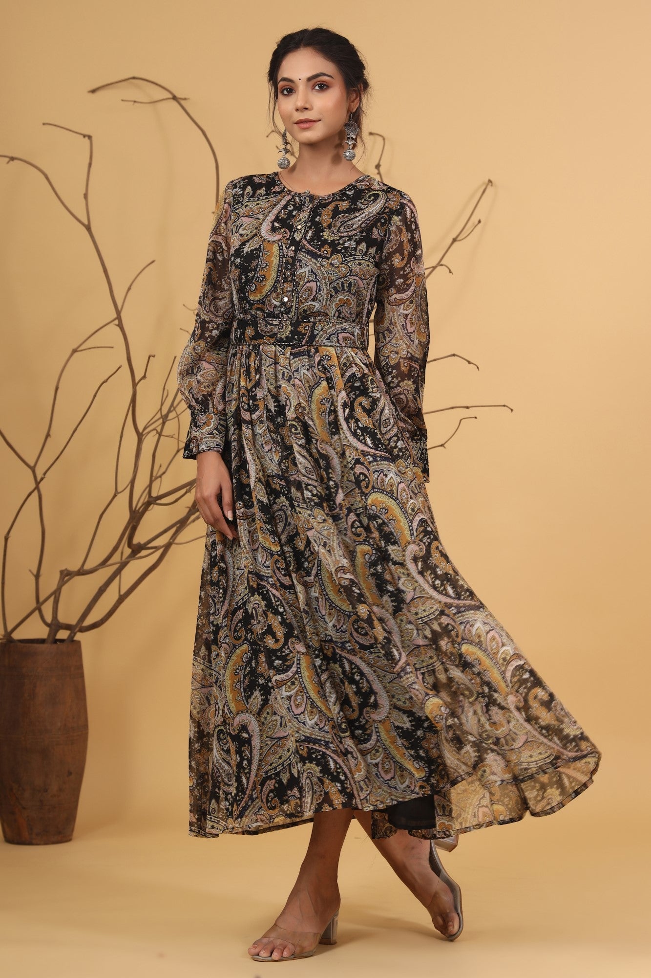 Black Chiffon Printed Flared Dress