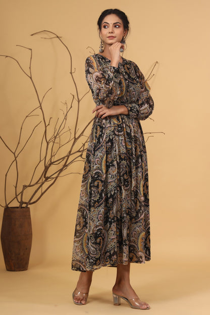 Black Chiffon Printed Flared Dress